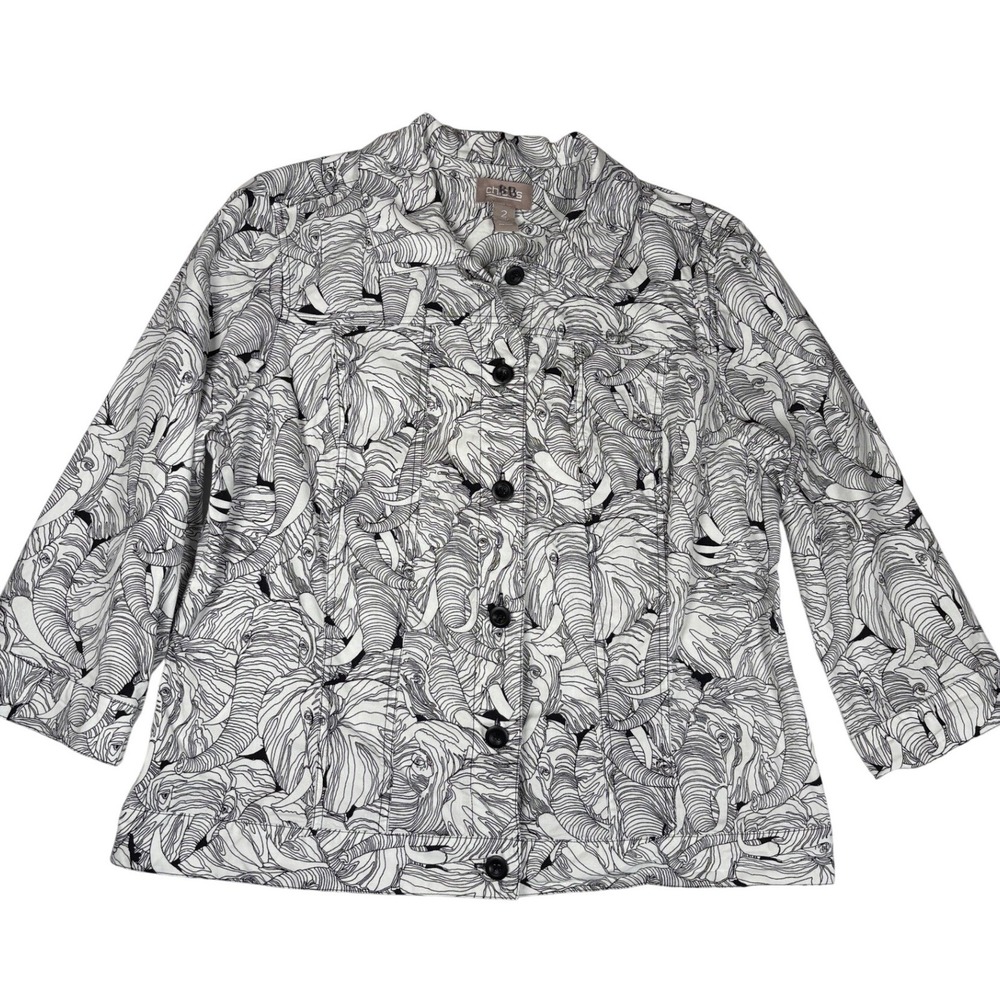 Chicos Elephant Print Jacket Black White 3/4 Sleeve Size 2 Large Art to Wear